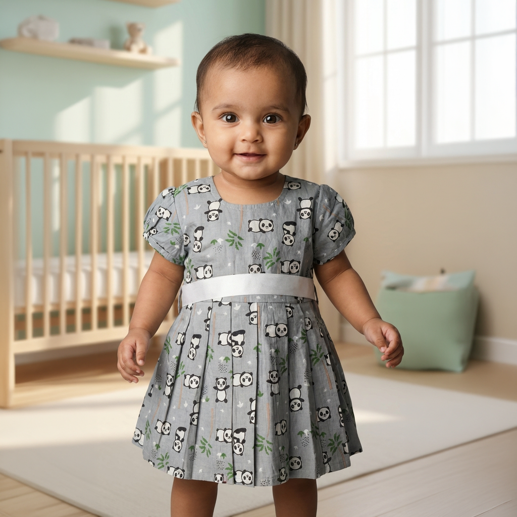 Cotton Printed Baby Girl Dress | Grey | Panda