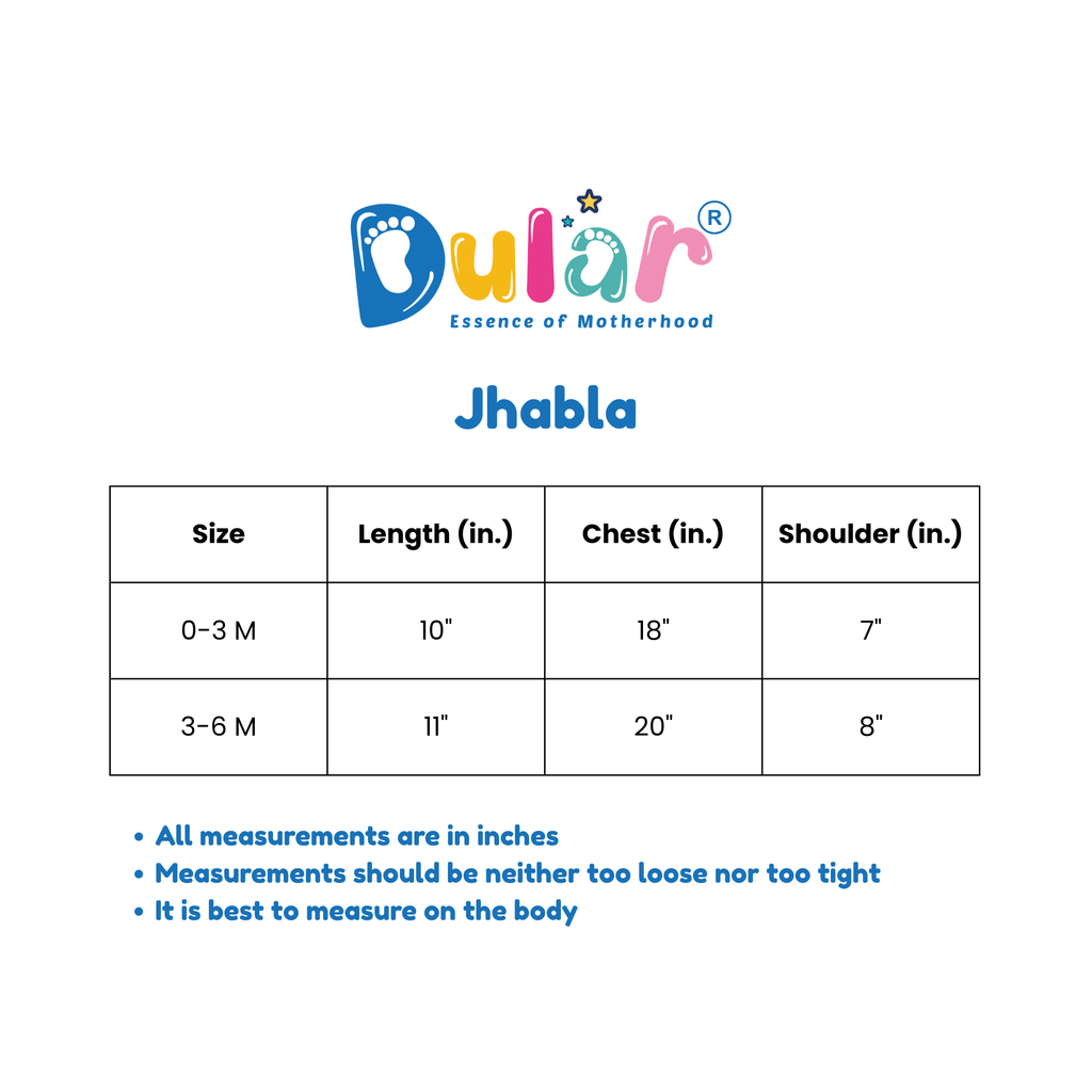 Measurement chart for Dular Jhabla with size, length, chest, and shoulder dimensions.

