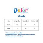 Measurement chart for Dular Jhabla with size, length, chest, and shoulder dimensions.

