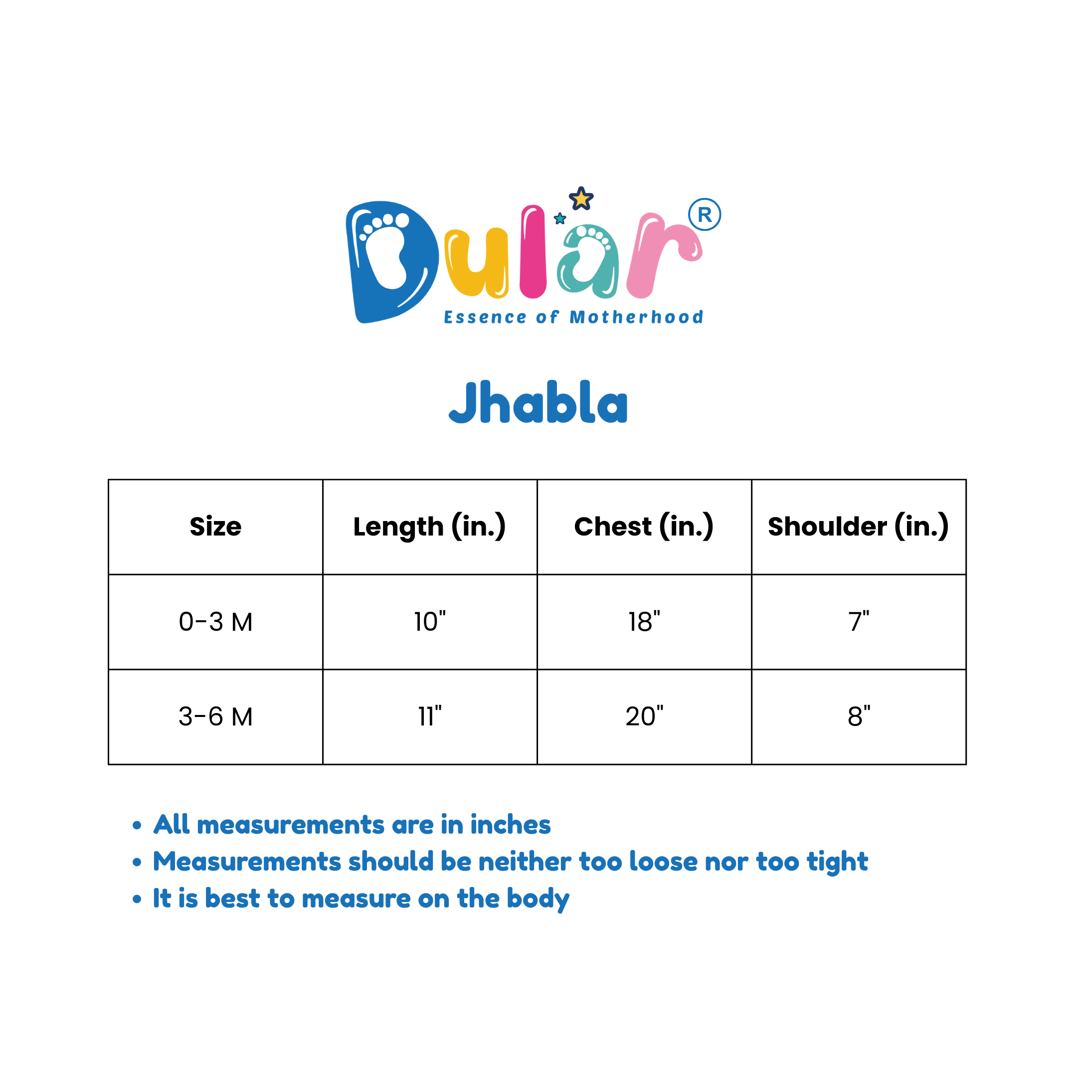 Measurement chart for Dular Jhabla with size, length, chest, and shoulder dimensions.

