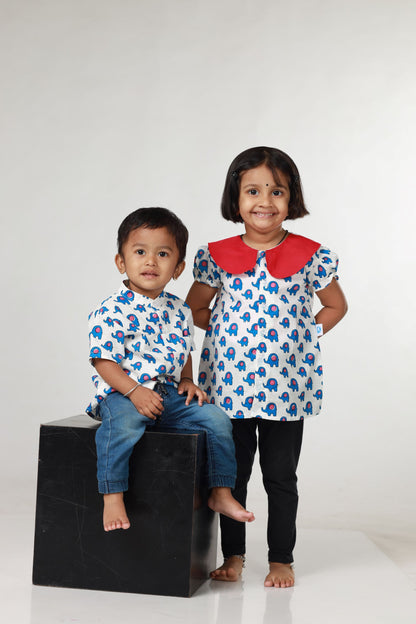 Jaipur Cotton Sibling Set - Pink & Blue elephant