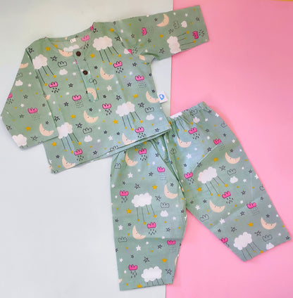 Cotton Night Suits for Kids | Green sky element