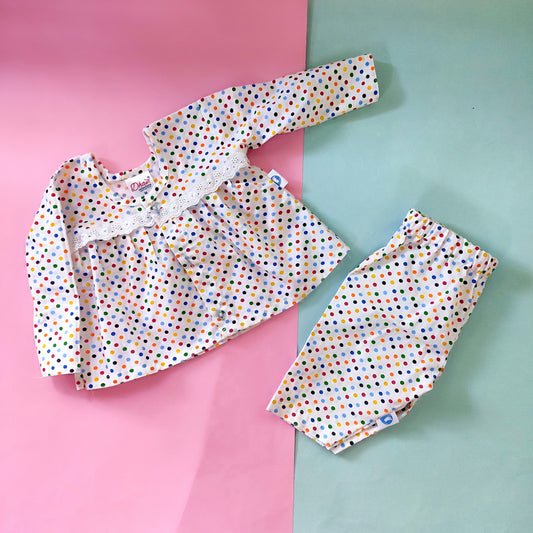 Cotton Night Suit - Frock style blue dots
