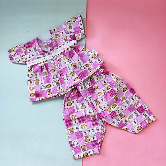 Frock style Cotton Night Suit  - Pink teddy bear
