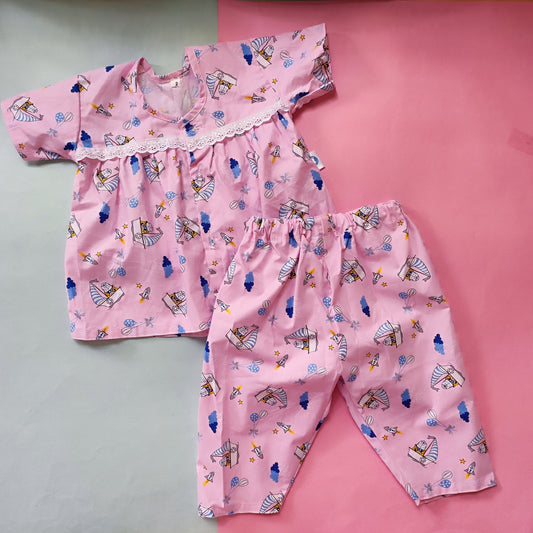 Frock style Cotton Night Suit - Pink Base Blue ship