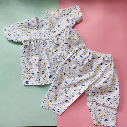 Frock style Cotton Night Suit - Blue Food