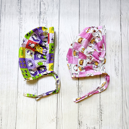 Cotton Bonnet Cap pink teddy & Purple kitty(Pack of 2)
