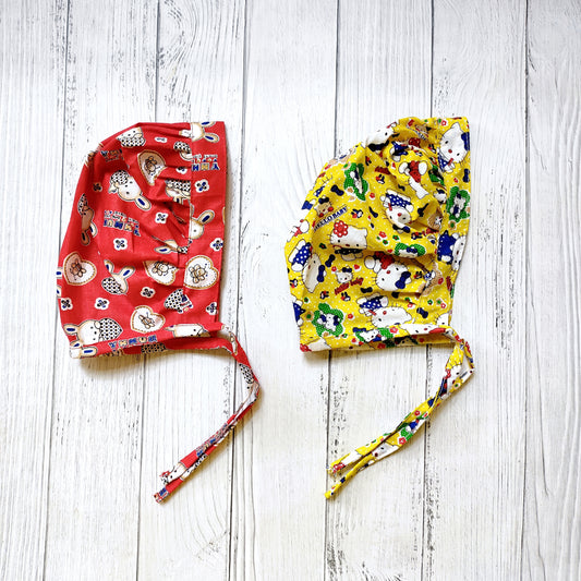 Cotton Bonnet Cap Red bunny & yellow kitty (Pack of 2)