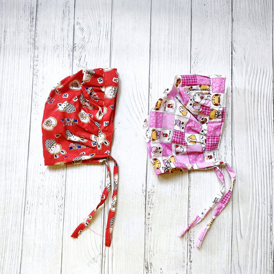 Cotton Bonnet Cap Red bunny & pink teddy (Pack of 2)