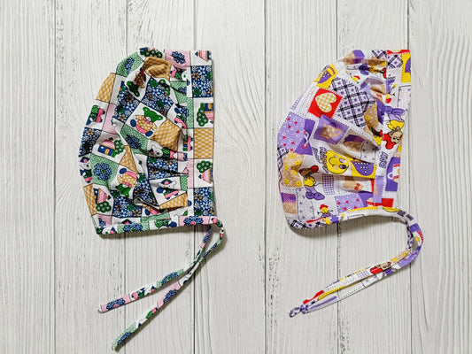 Cotton Bonnet Cap Purple Mickey & Green Teddy