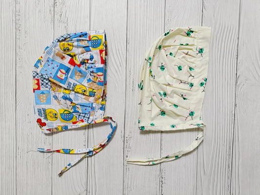 Cotton Bonnet Cap Green flower & blue mickey