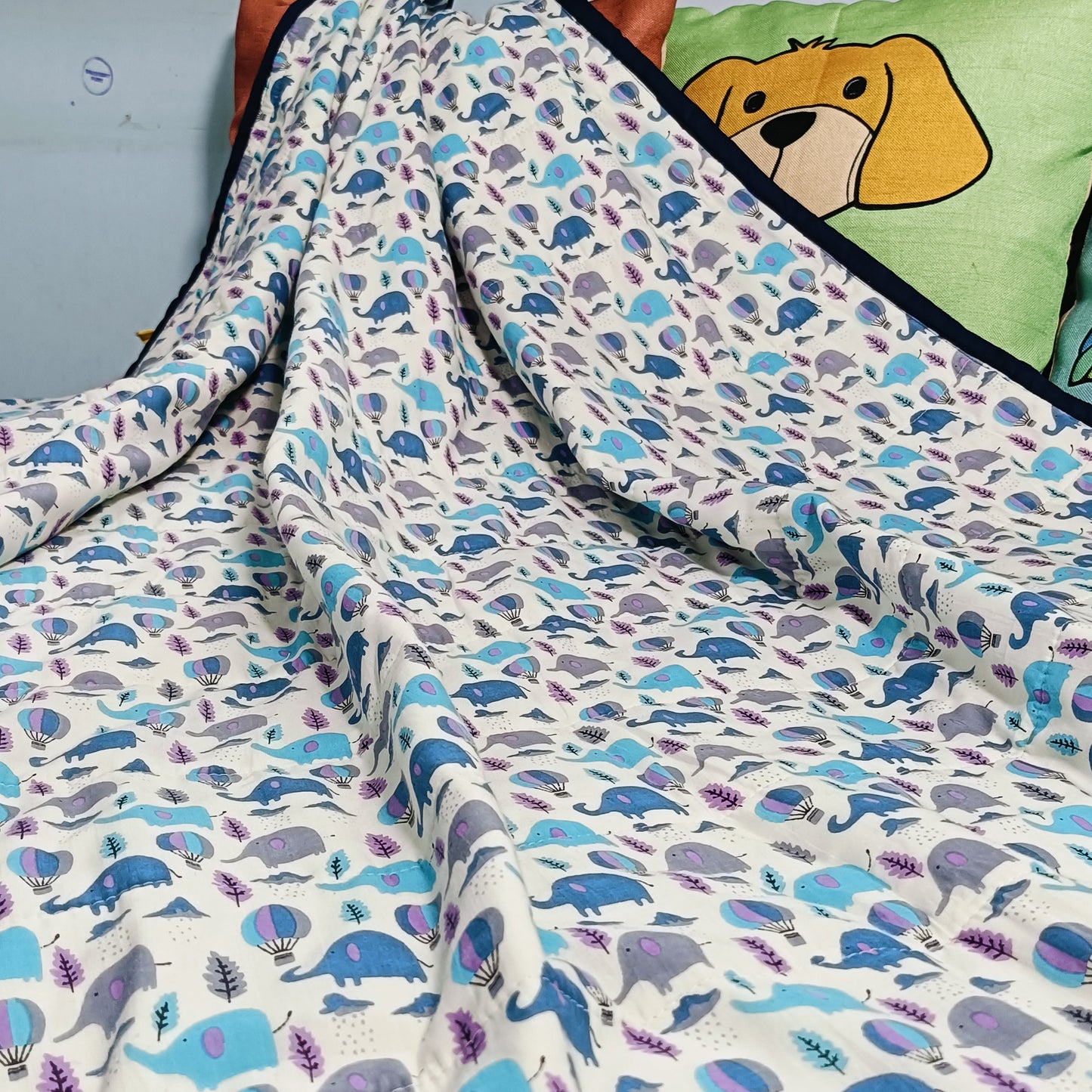 Jaipur Cotton Blanket | Blue Elephant & Parashoot