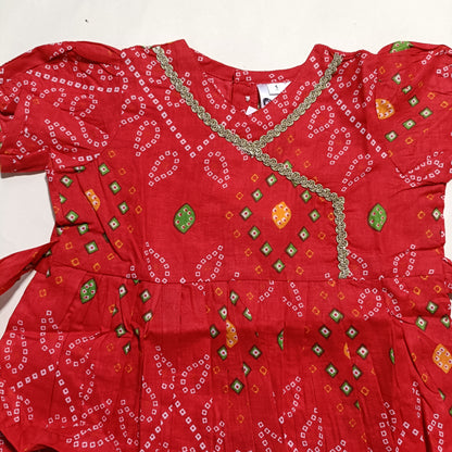 Cotton Printed Baby Girl Dress | Red | Bandhani