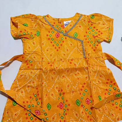Cotton Printed Baby Girl Dress | Yellow | Bandhani