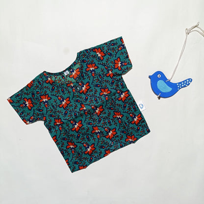 Cotton Front Open Jhabla | Peacock Green Red Flower