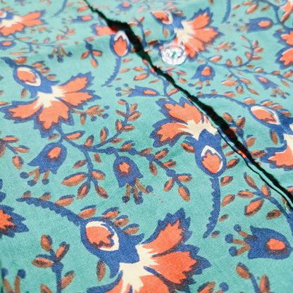 Cotton Front Open Jhabla | Peacock Green Red Flower