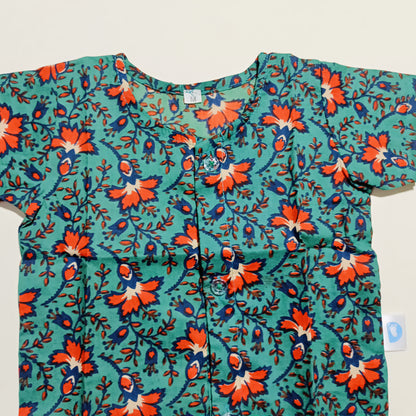 Cotton Front Open Jhabla | Peacock Green Red Flower