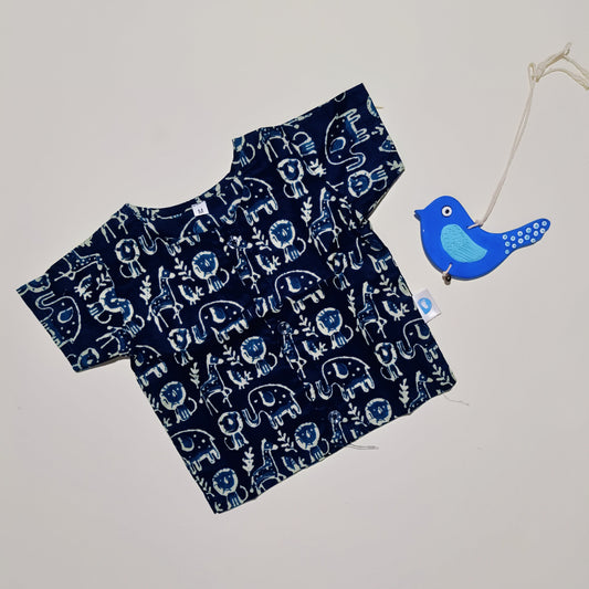 Cotton Front Open Jhabla | Indigo Multi Animal