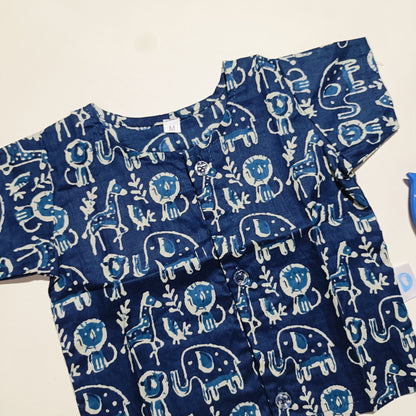 Cotton Front Open Jhabla | Indigo Multi Animal