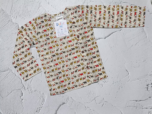 Cotton Short Kurta for Boys | Grey - Red Camel