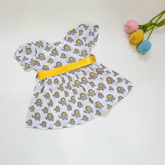 Cotton Printed Baby Girl Dress |Grey | Elephant