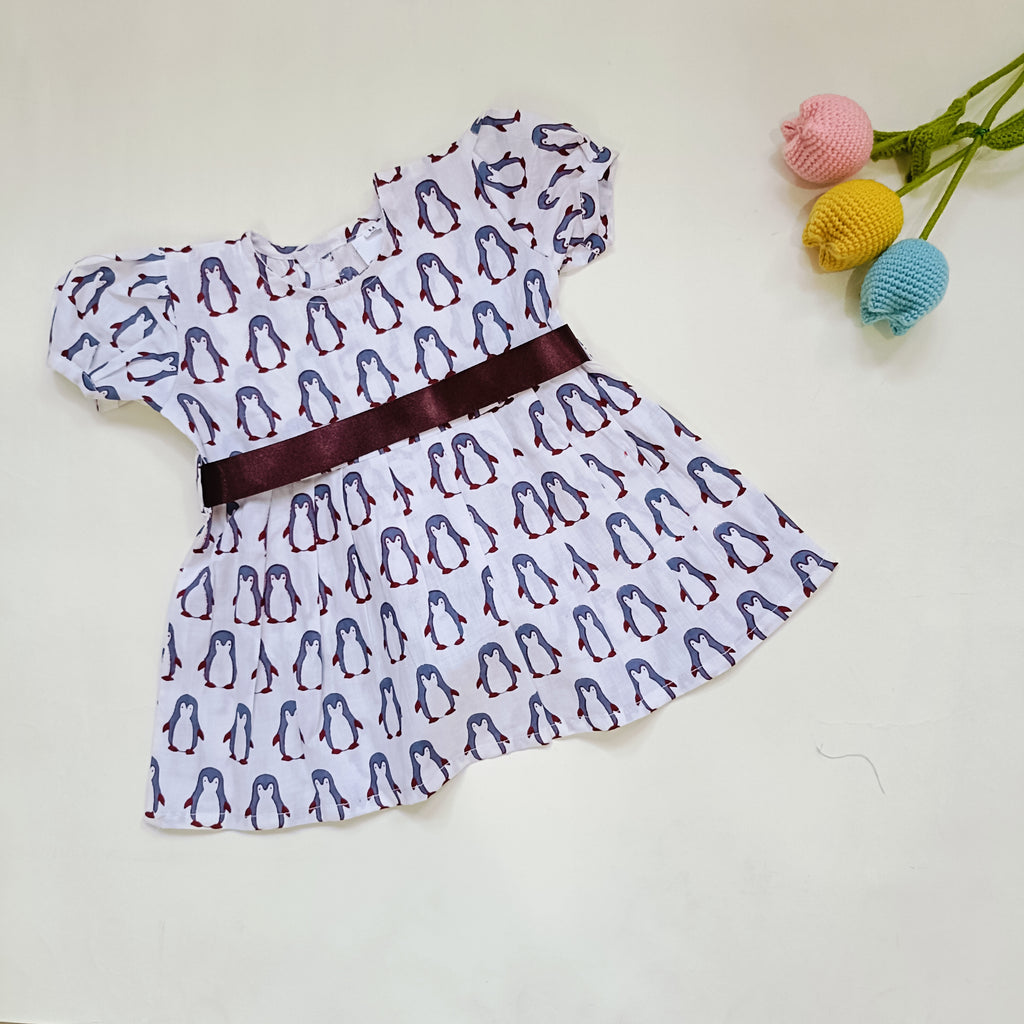 Cotton Printed Baby Girl Dress |Grey| Penguine