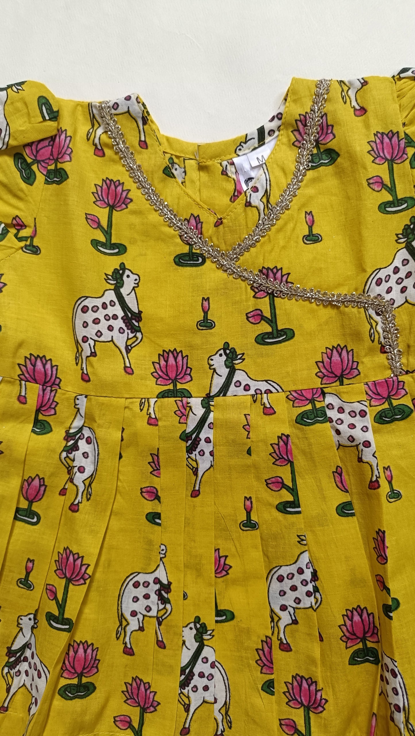 Cotton Printed Baby Girl Dress | Yellow | Pichwai