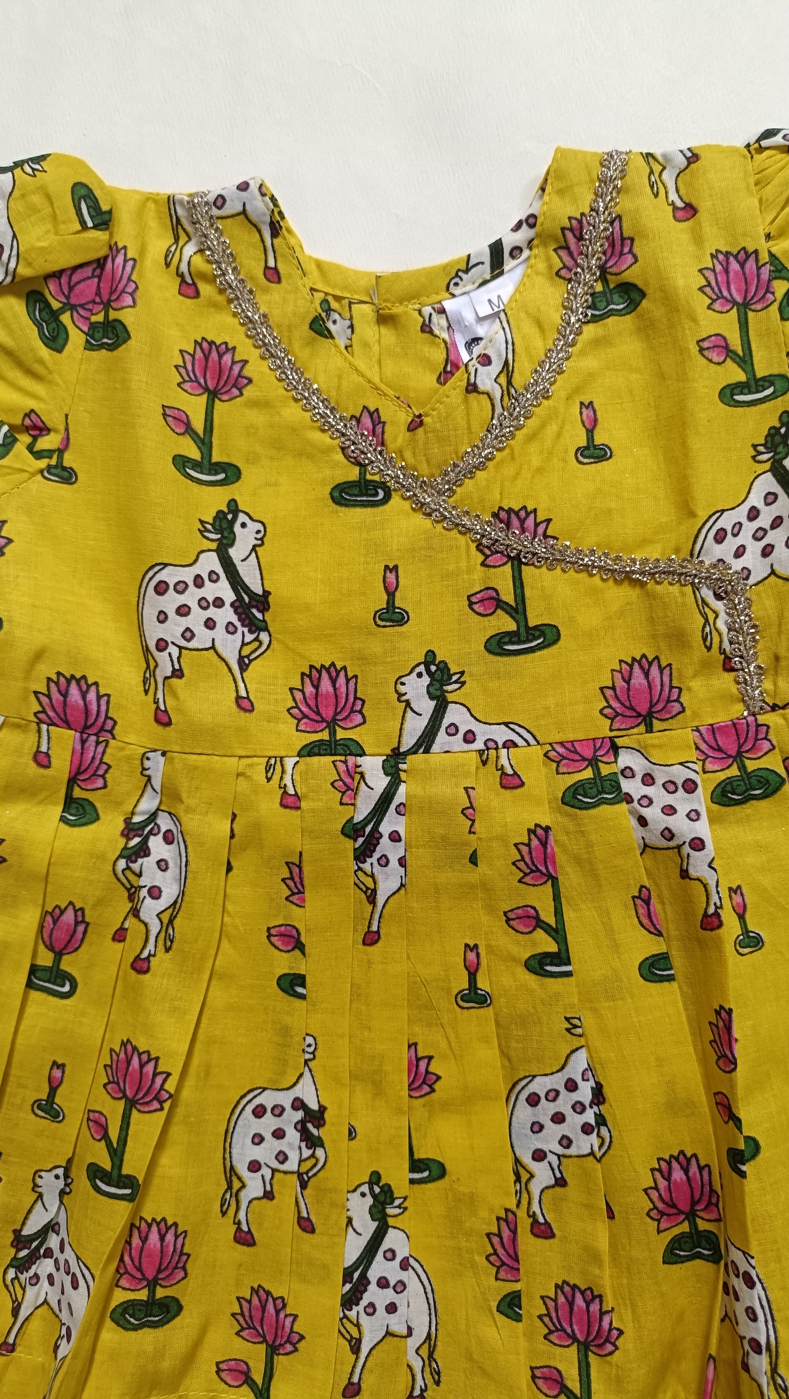 Cotton Printed Baby Girl Dress | Yellow | Pichwai