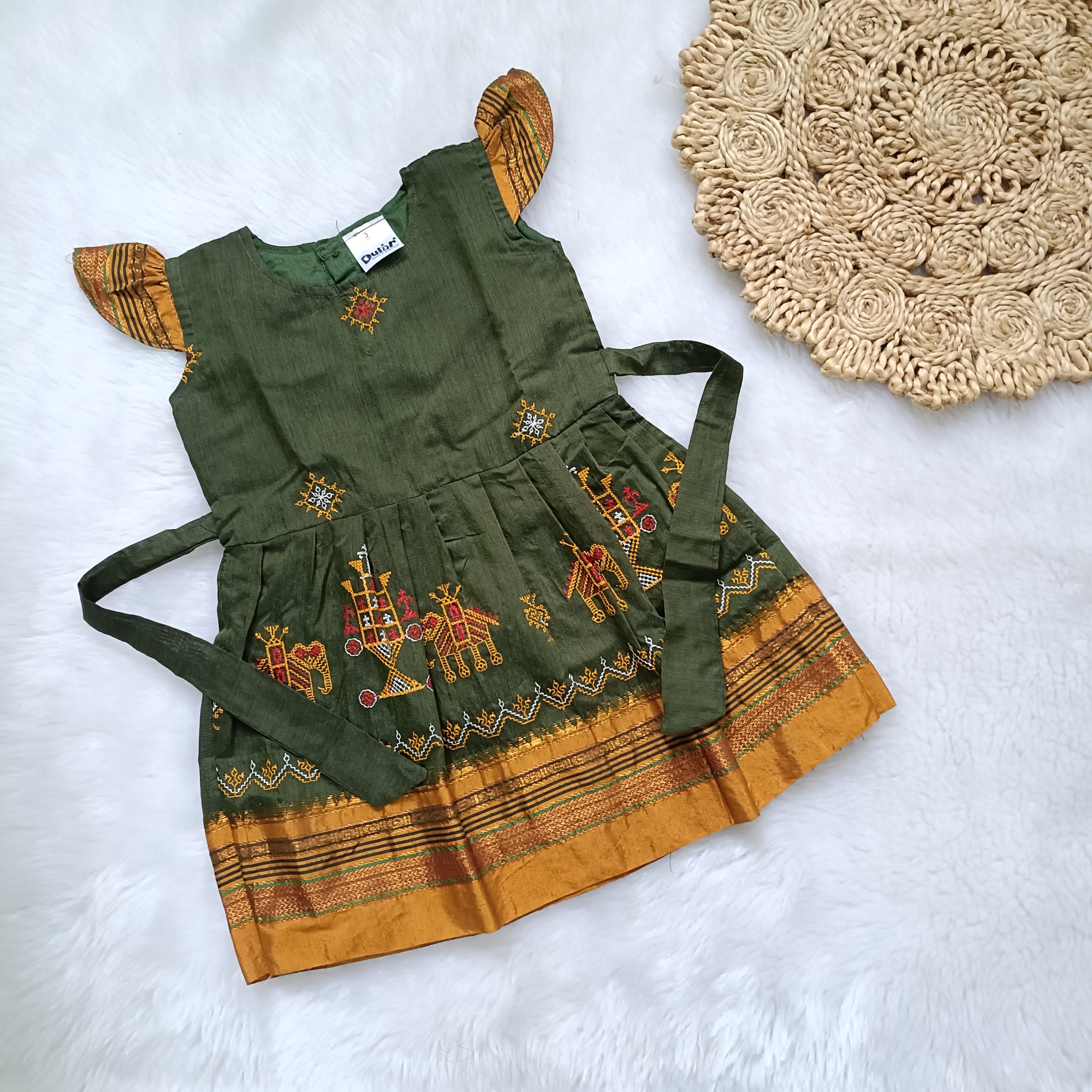 Ethnic dresses for baby girl | Kashida | Olive Green & Green Ochre Kashida Base