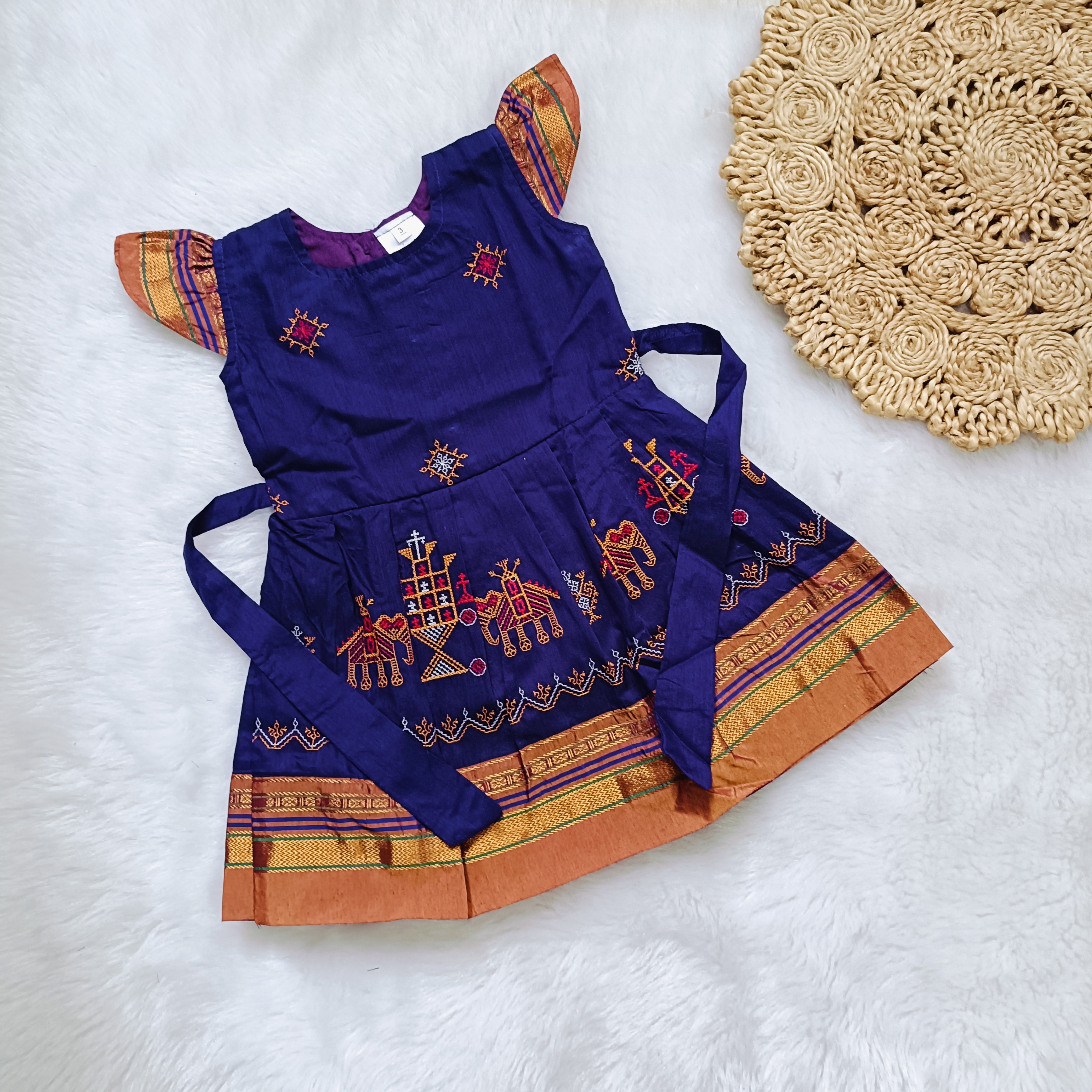 Ethnic dresses for baby girl | Kashida | Voilet & Orange Blue & Kashida Base