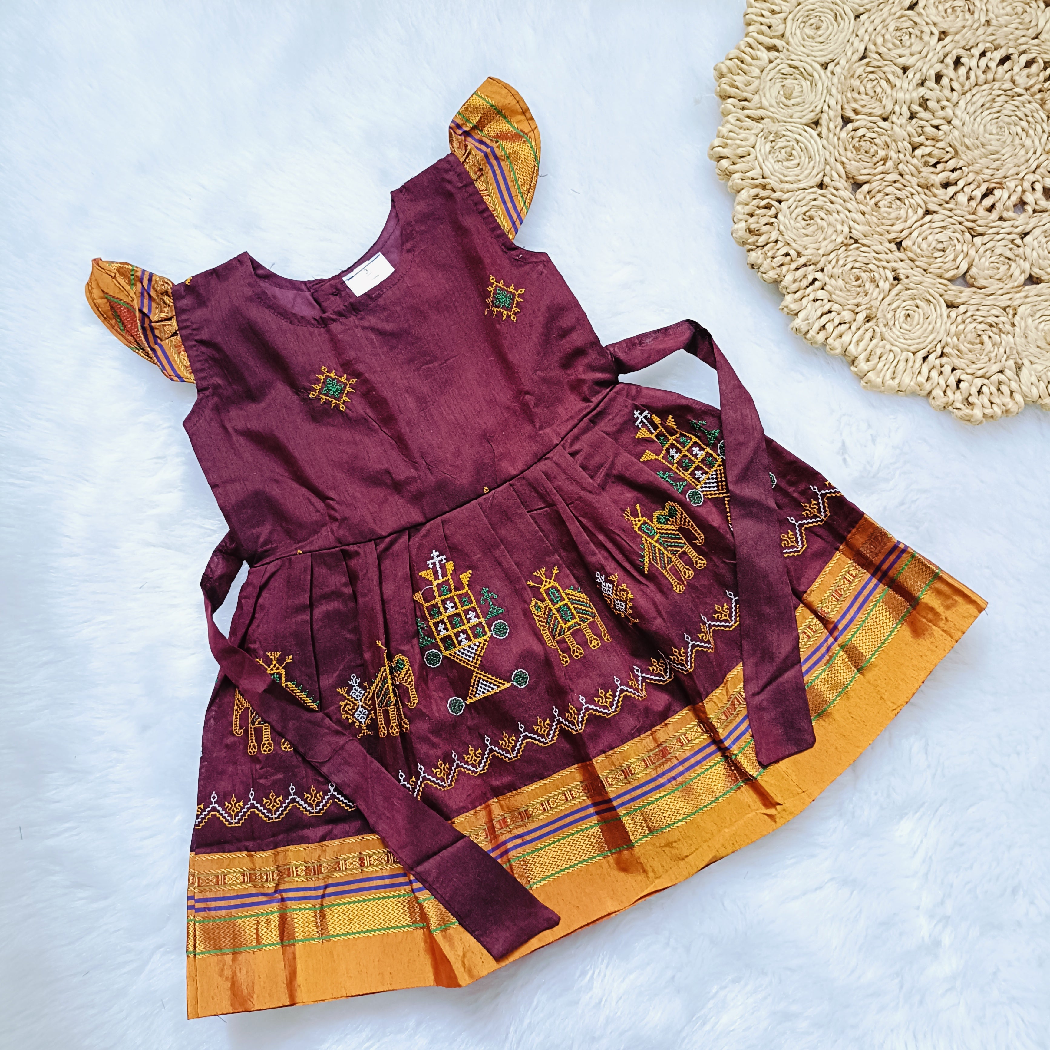 Ethnic dresses for baby girl | Kashida | Maroon & Orange Zari & Kashida Base