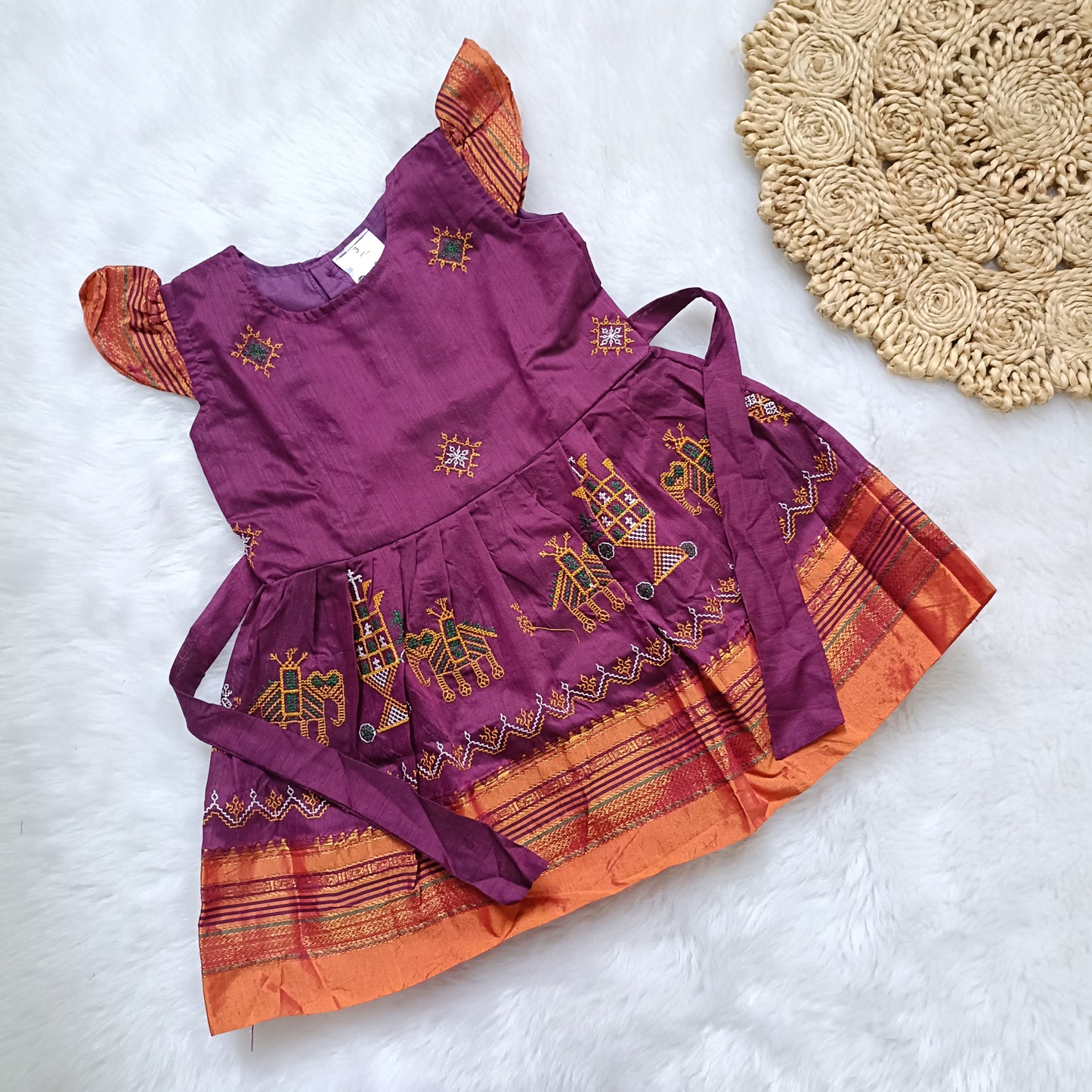 Ethnic dresses for baby girl | Kashida | Purple & Pink Zari & Assorted Base