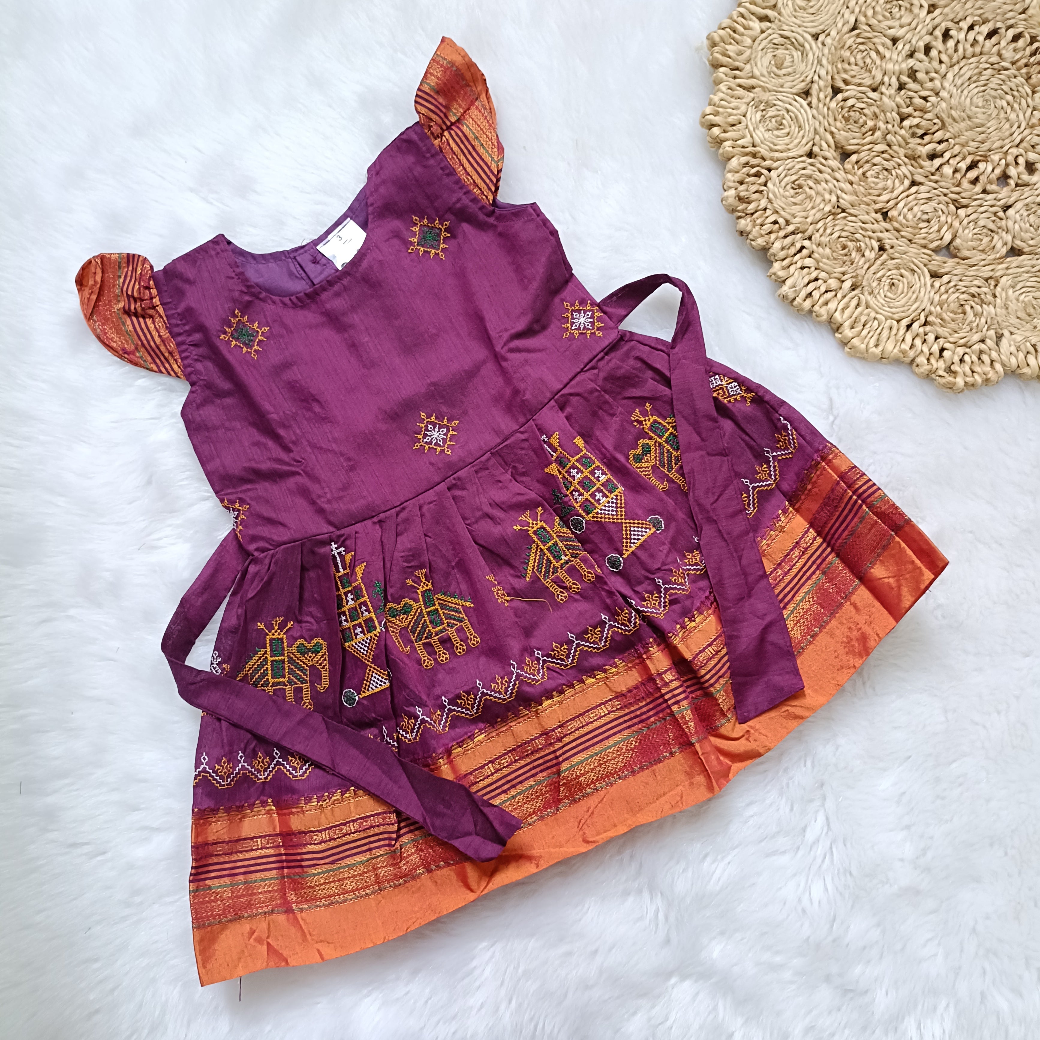 Ethnic dresses for baby girl | Kashida | Purple & Pink Zari & Assorted Base