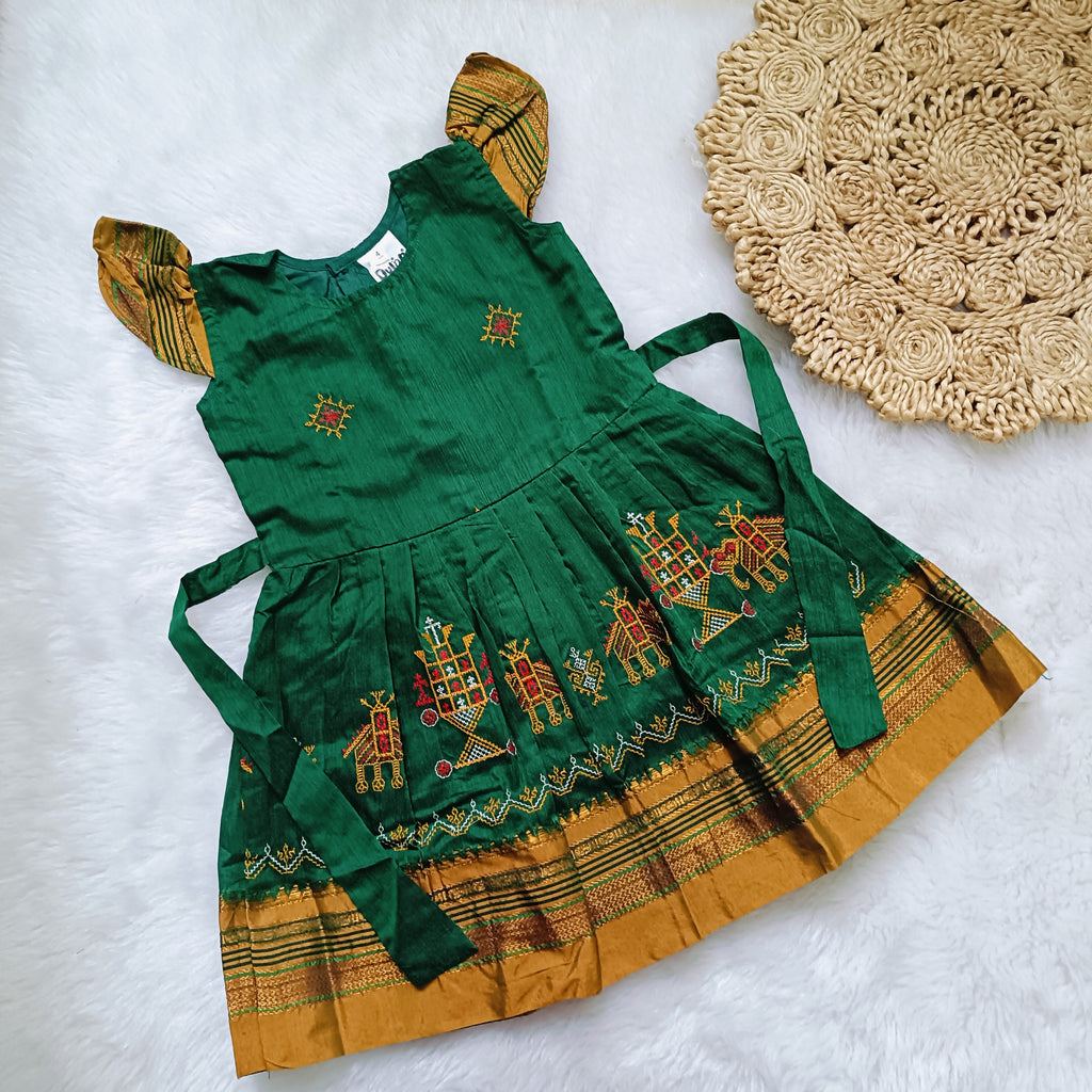Ethnic dresses for baby girl | Kashida | Green & Green Zari & Assorted Base