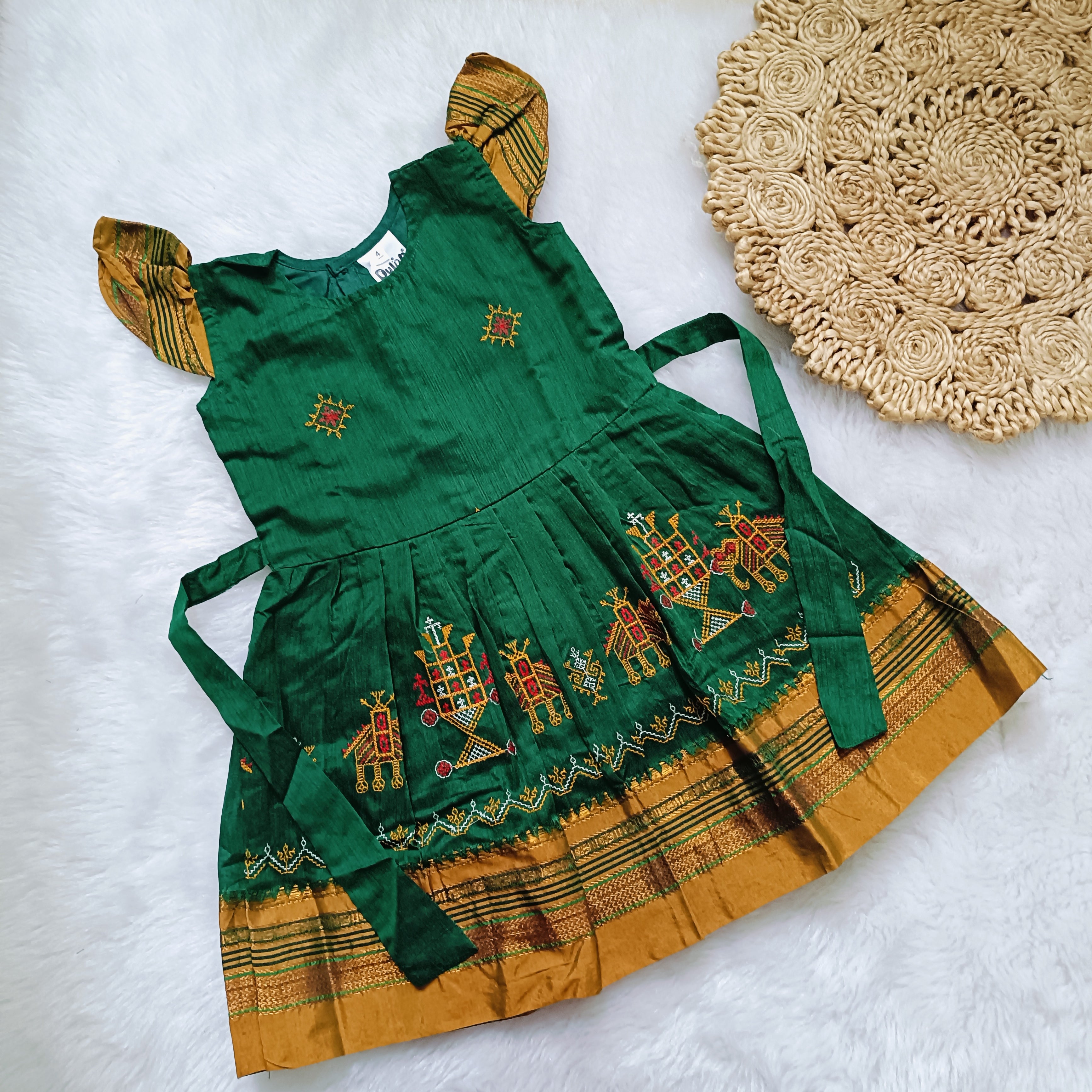 Ethnic dresses for baby girl | Kashida | Peacock Green & Orange Zari & Assorted Base
