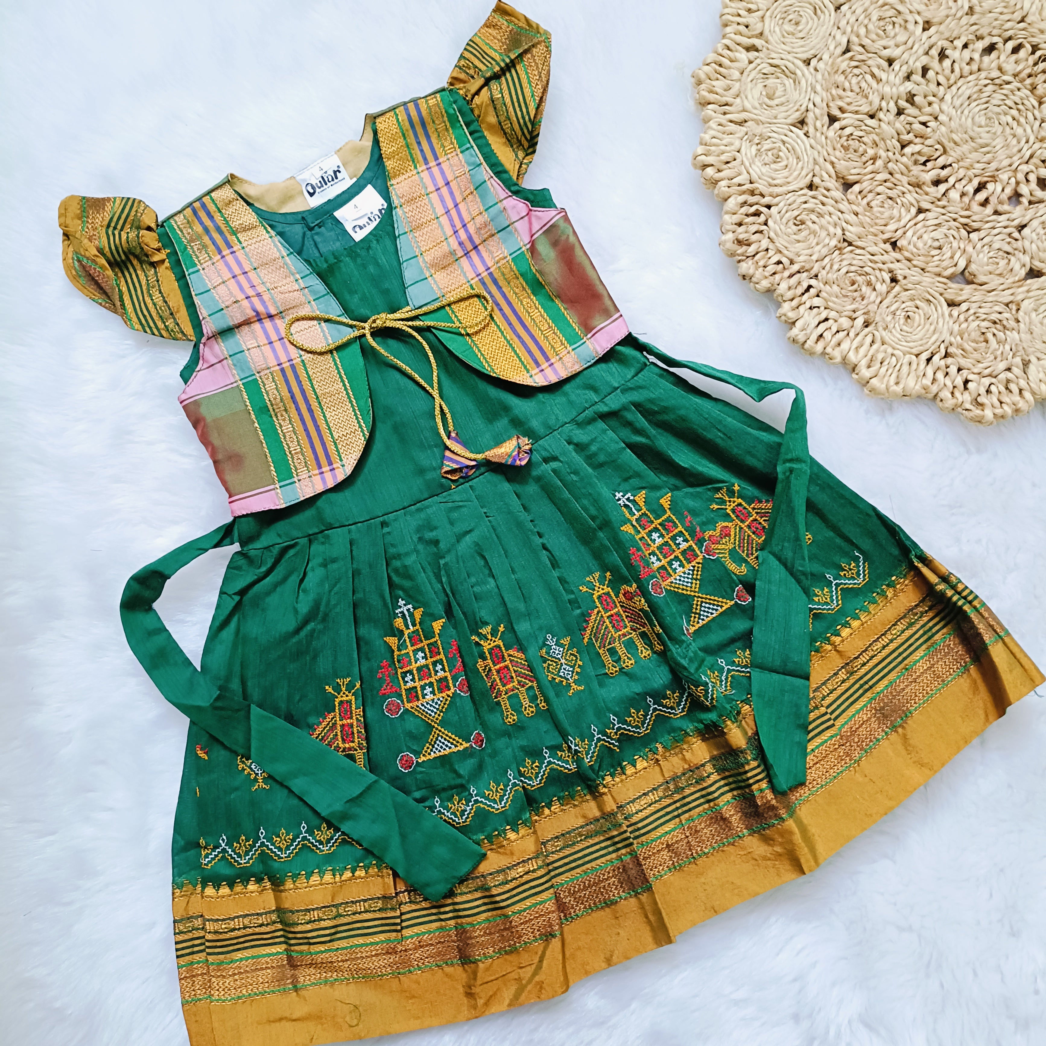 Ethnic dresses for baby girl | Kashida | Green & Green Zari & Assorted Base