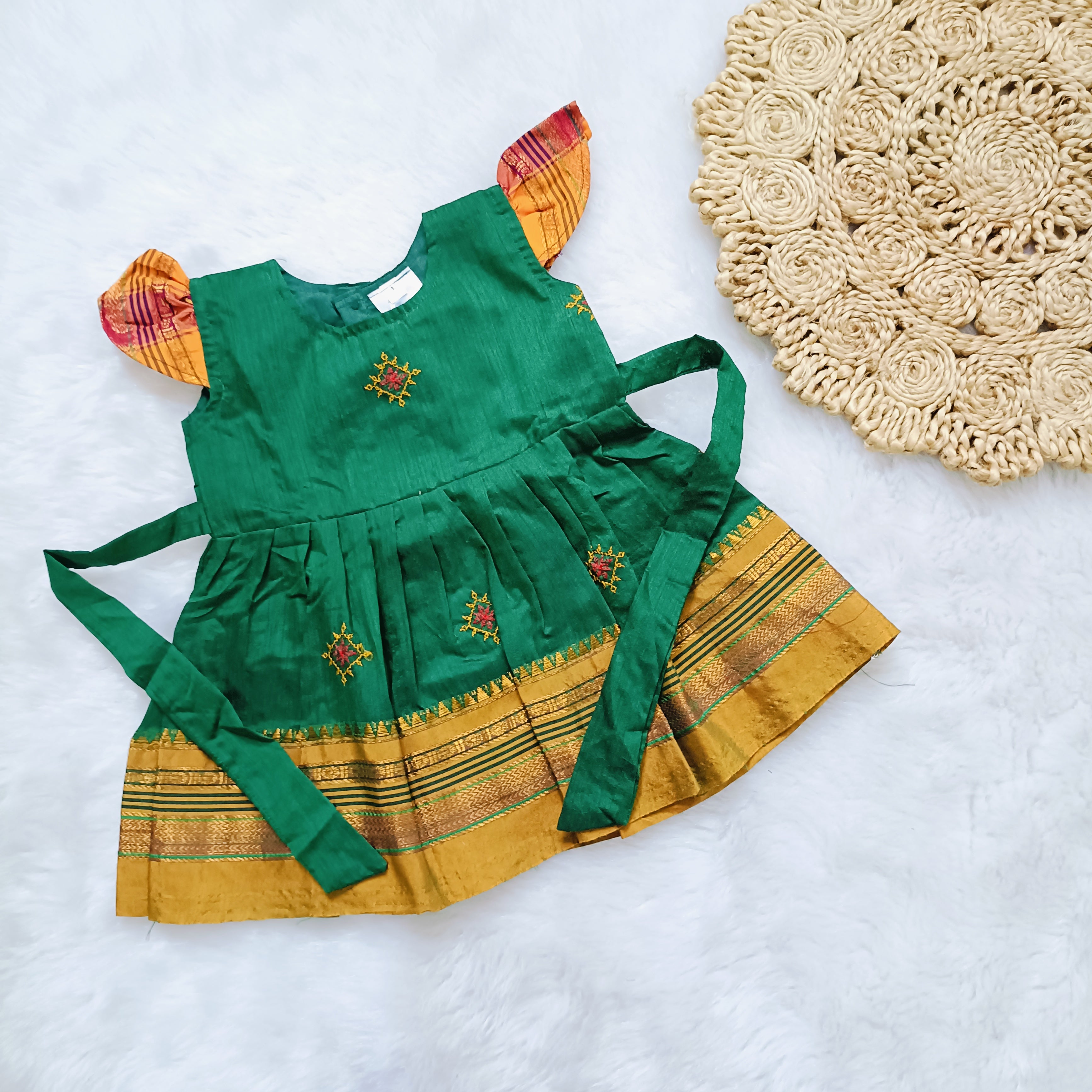 Ethnic dresses for baby girl | Kashida | Green & Green Zari & Assorted Base