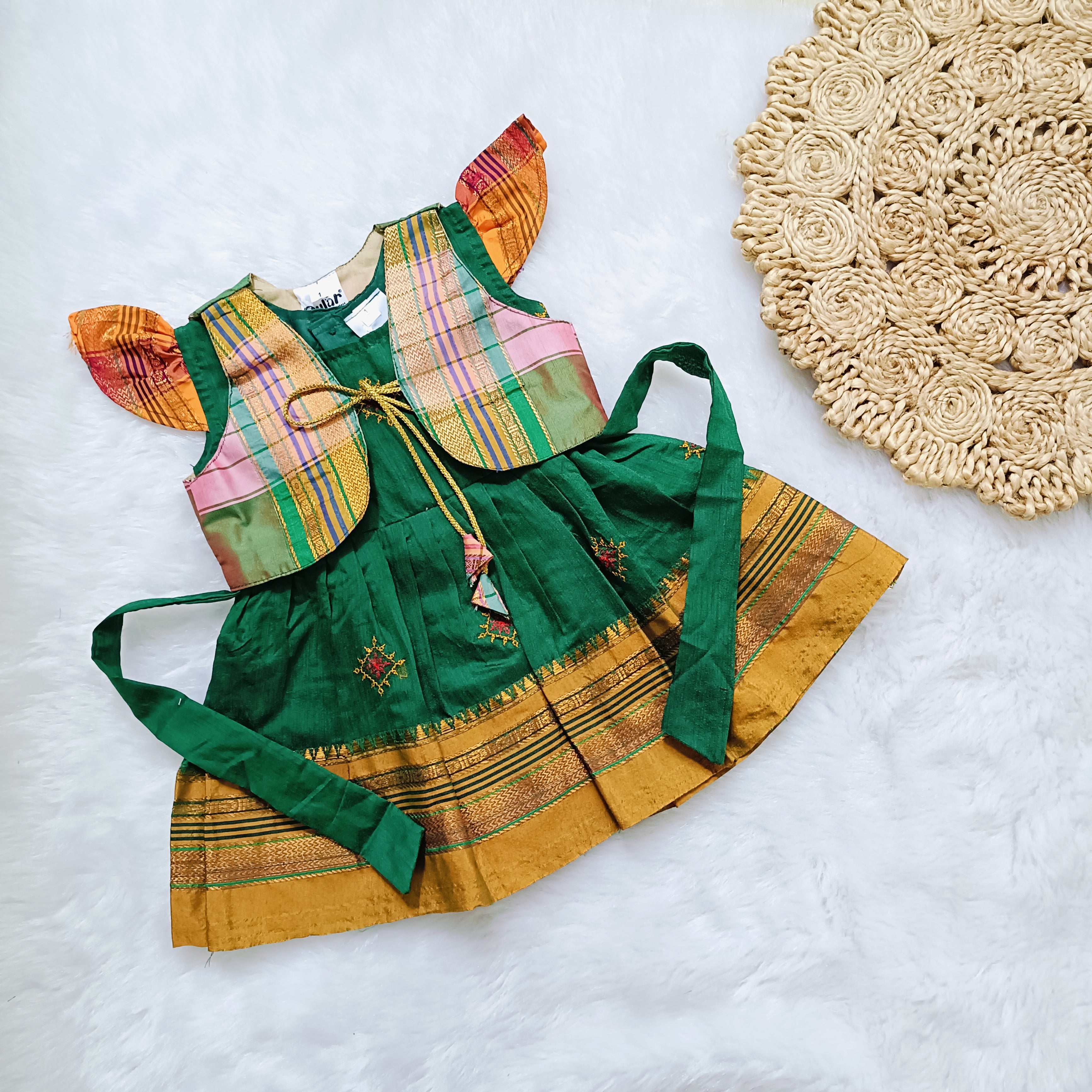 Ethnic dresses for baby girl | Kashida | Green & Green Zari & Assorted Base