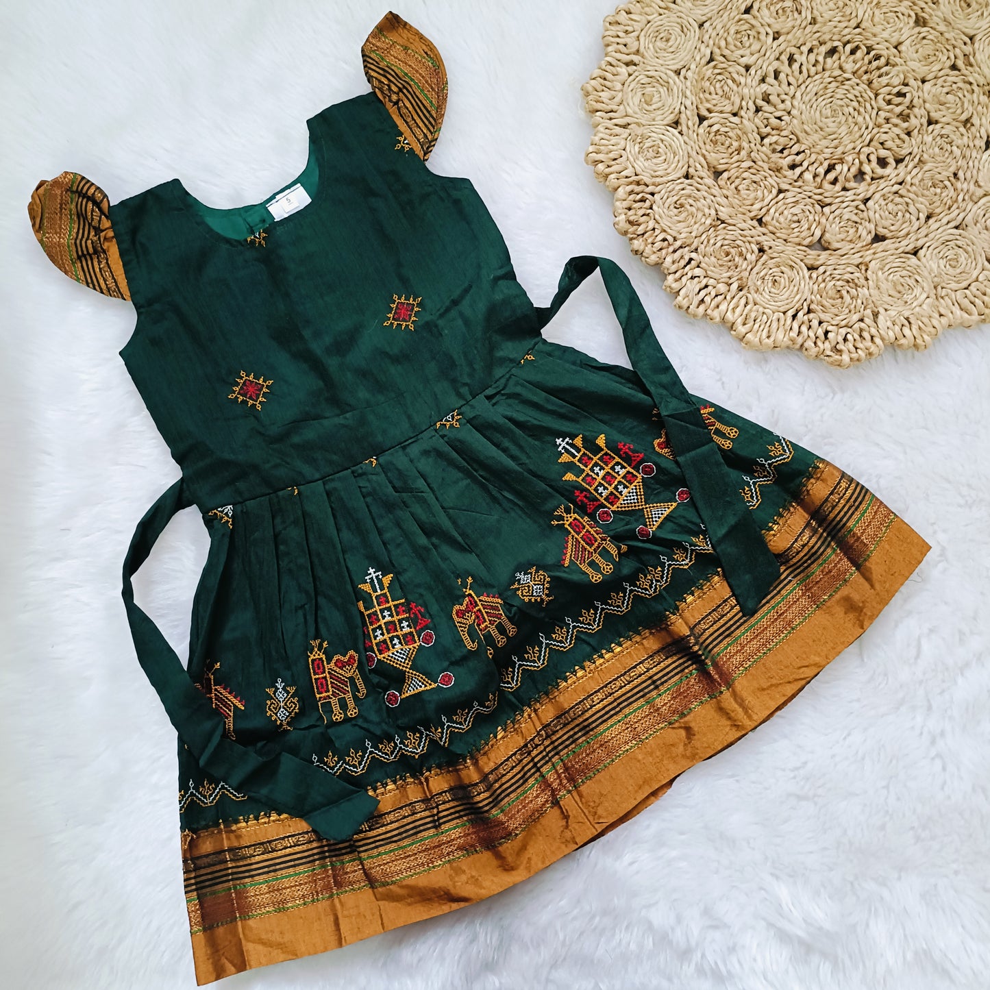 Ethnic dresses for baby girl | Kashida | Dark Green & Green Zari & Assorted Base