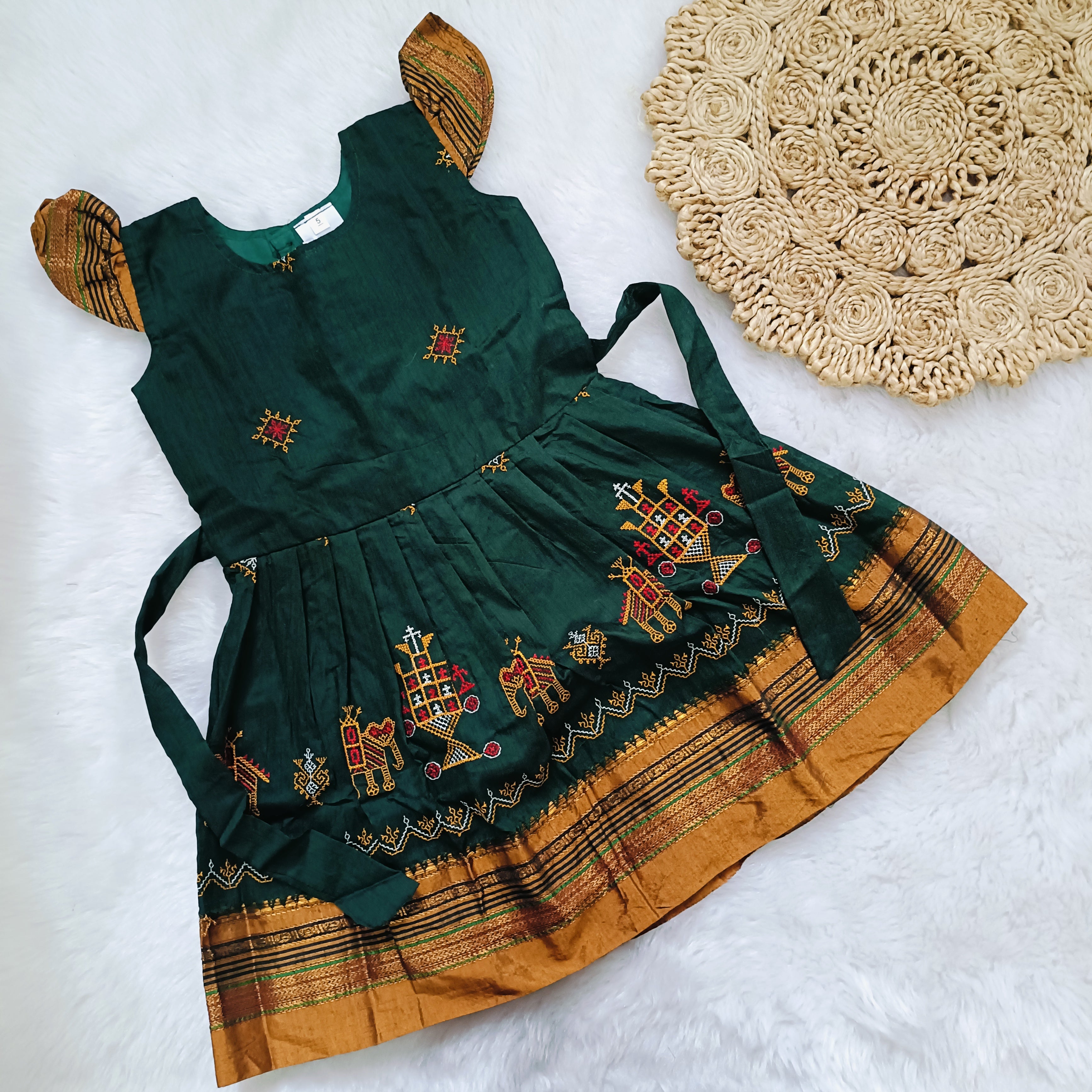 Ethnic dresses for baby girl | Kashida | Dark Green & Green Zari & Assorted Base