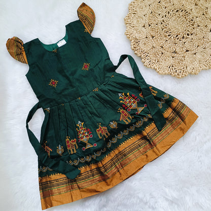 Ethnic dresses for baby girl | Kashida | Dark Green & Orange Zari & Assorted Base