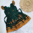 Ethnic dresses for baby girl | Kashida | Dark Green & Orange Zari & Kashida Base