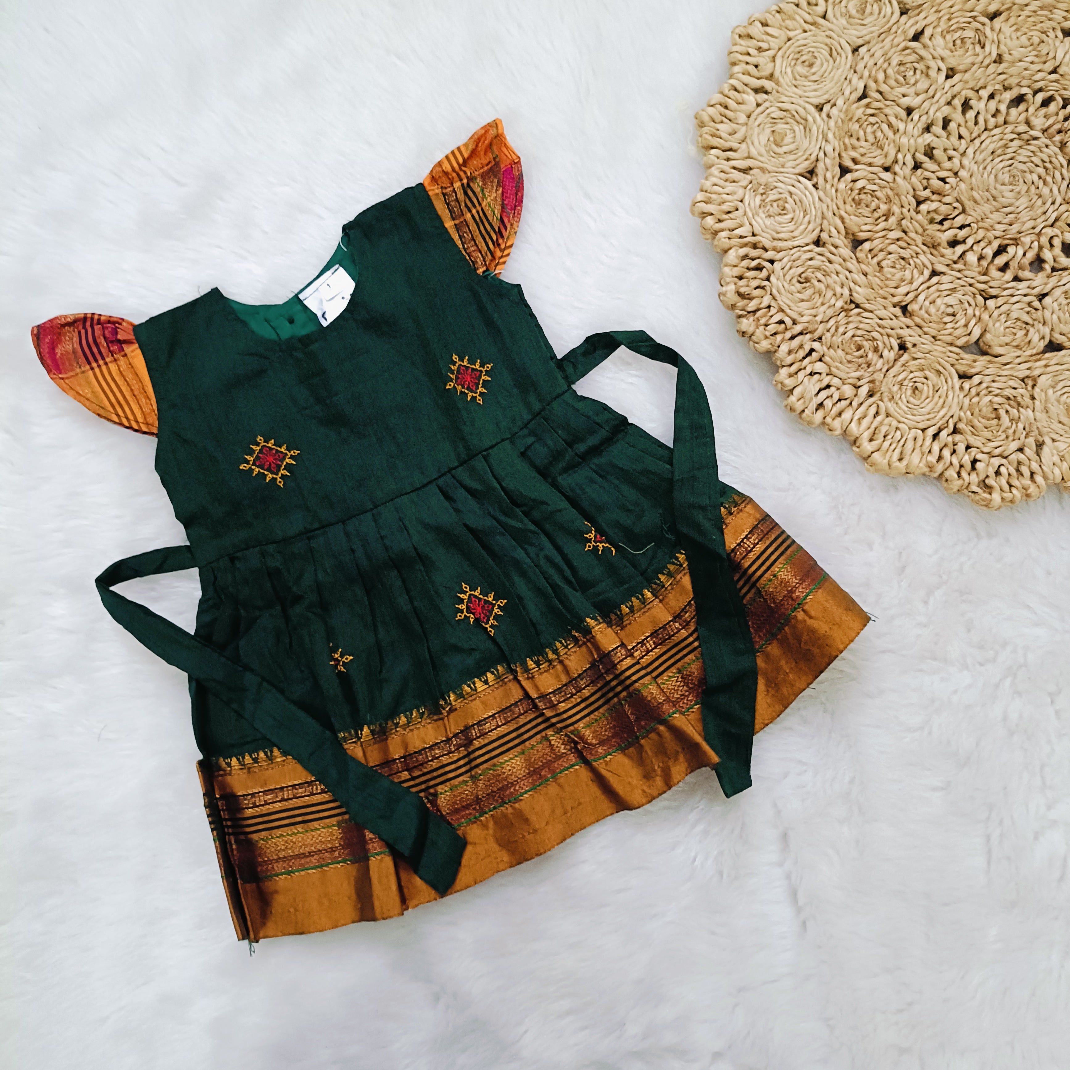 Ethnic dresses for baby girl | Kashida | Dark Green & Green Zari & Assorted Base