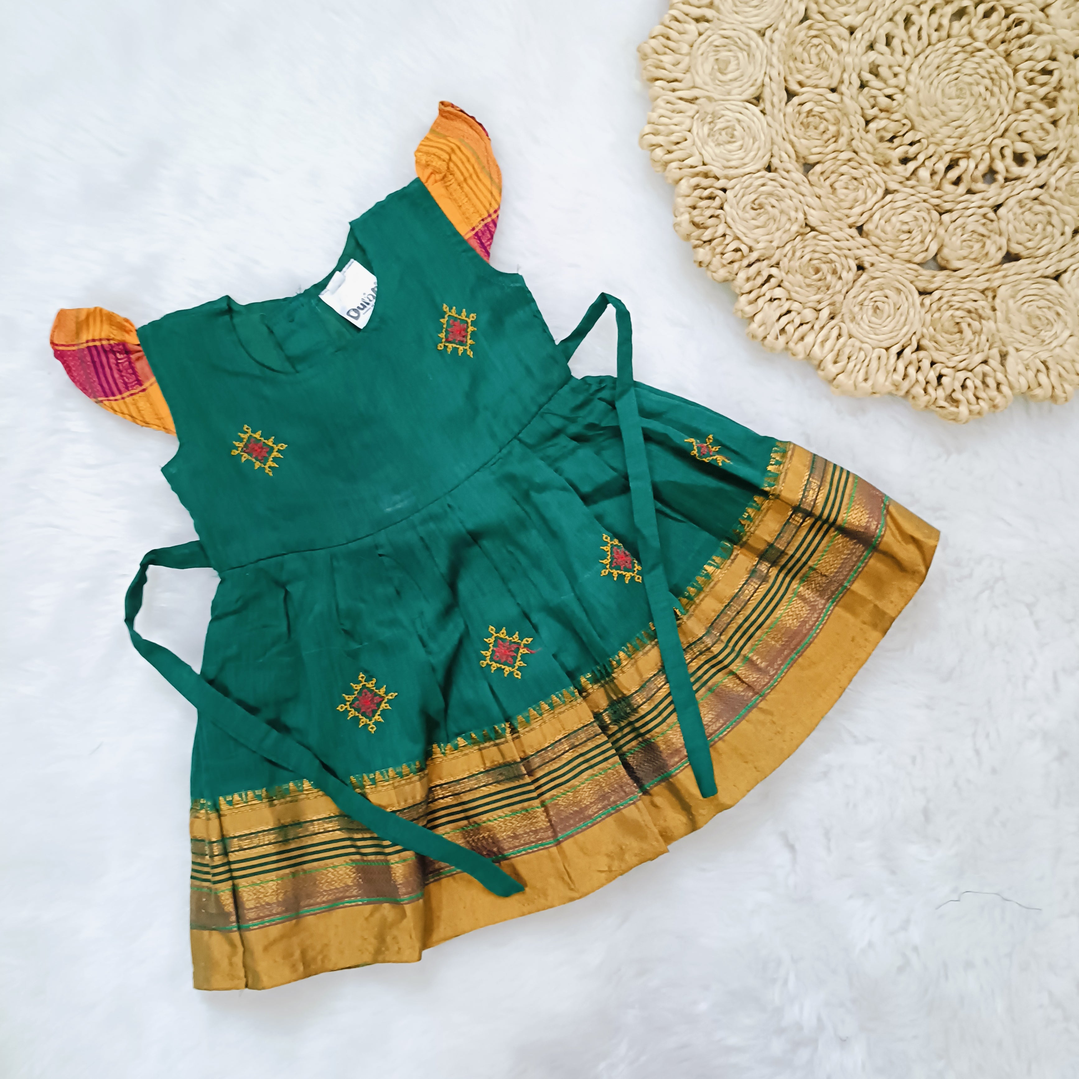 Ethnic dresses for baby girl | Kashida | Peacock Green & Green Zari & Assorted Base
