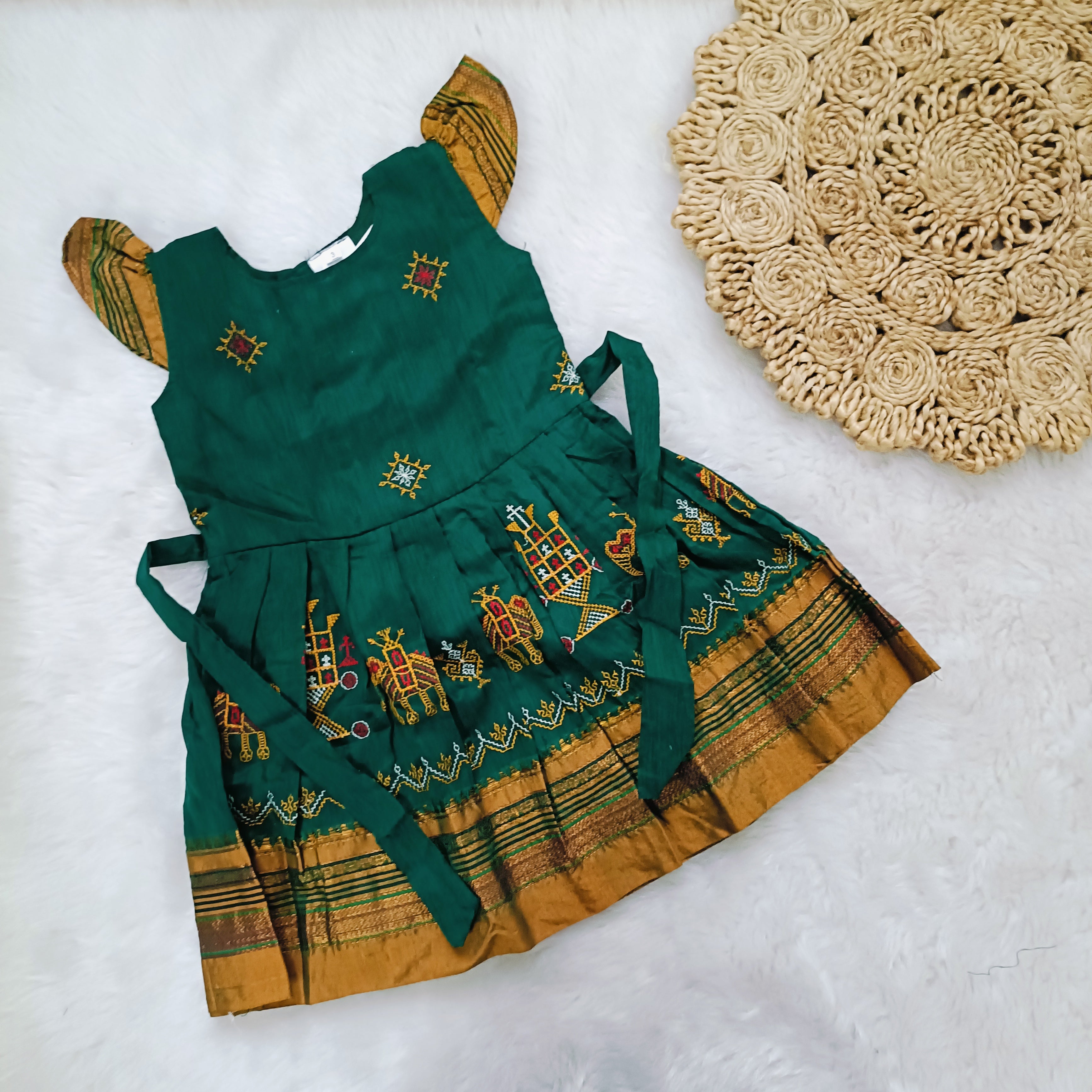 Ethnic dresses for baby girl | Kashida | Peacock Green & Green Zari & Assorted Base