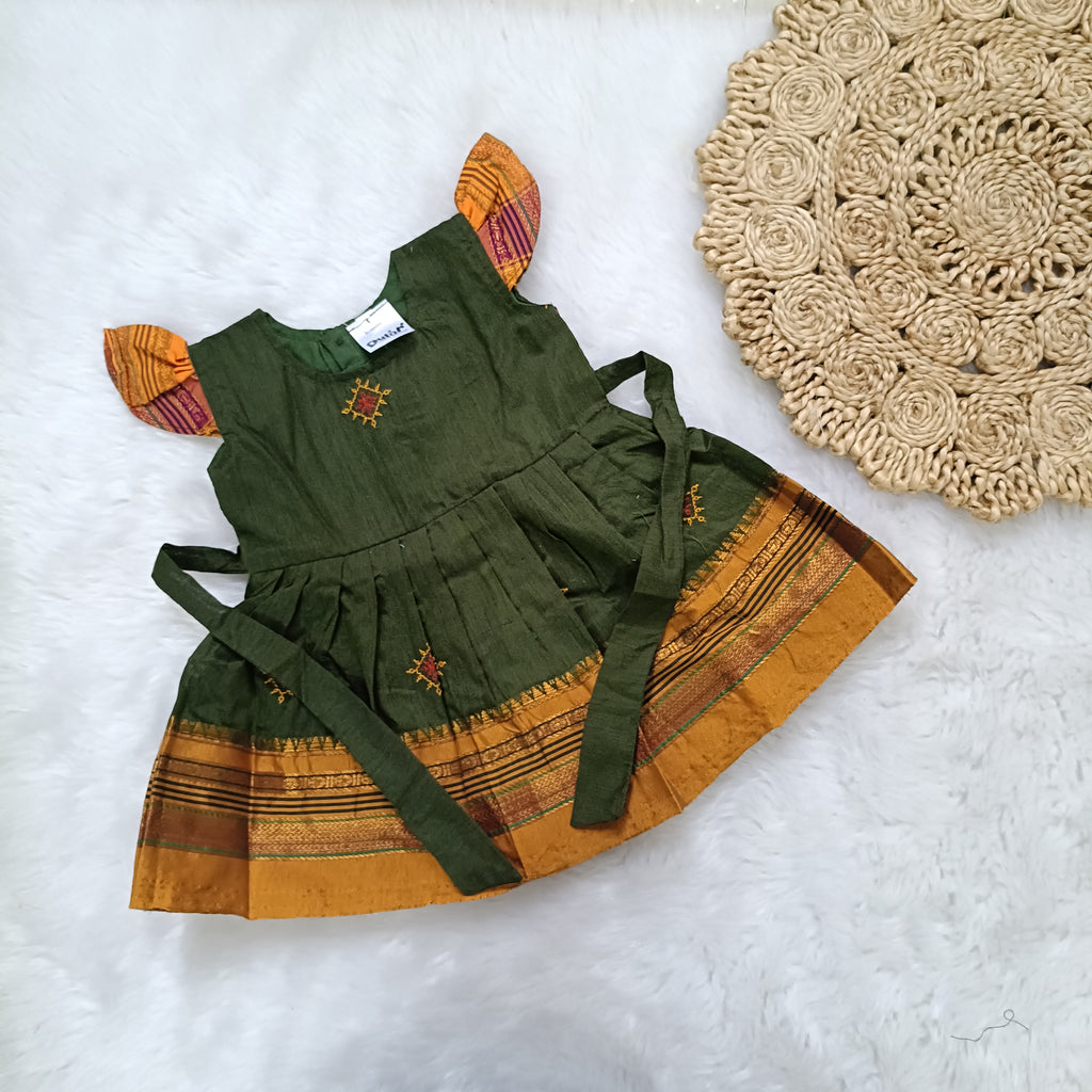 Ethnic dresses for baby girl | Kashida | Olive Green & Orange Zari & Kashida Base