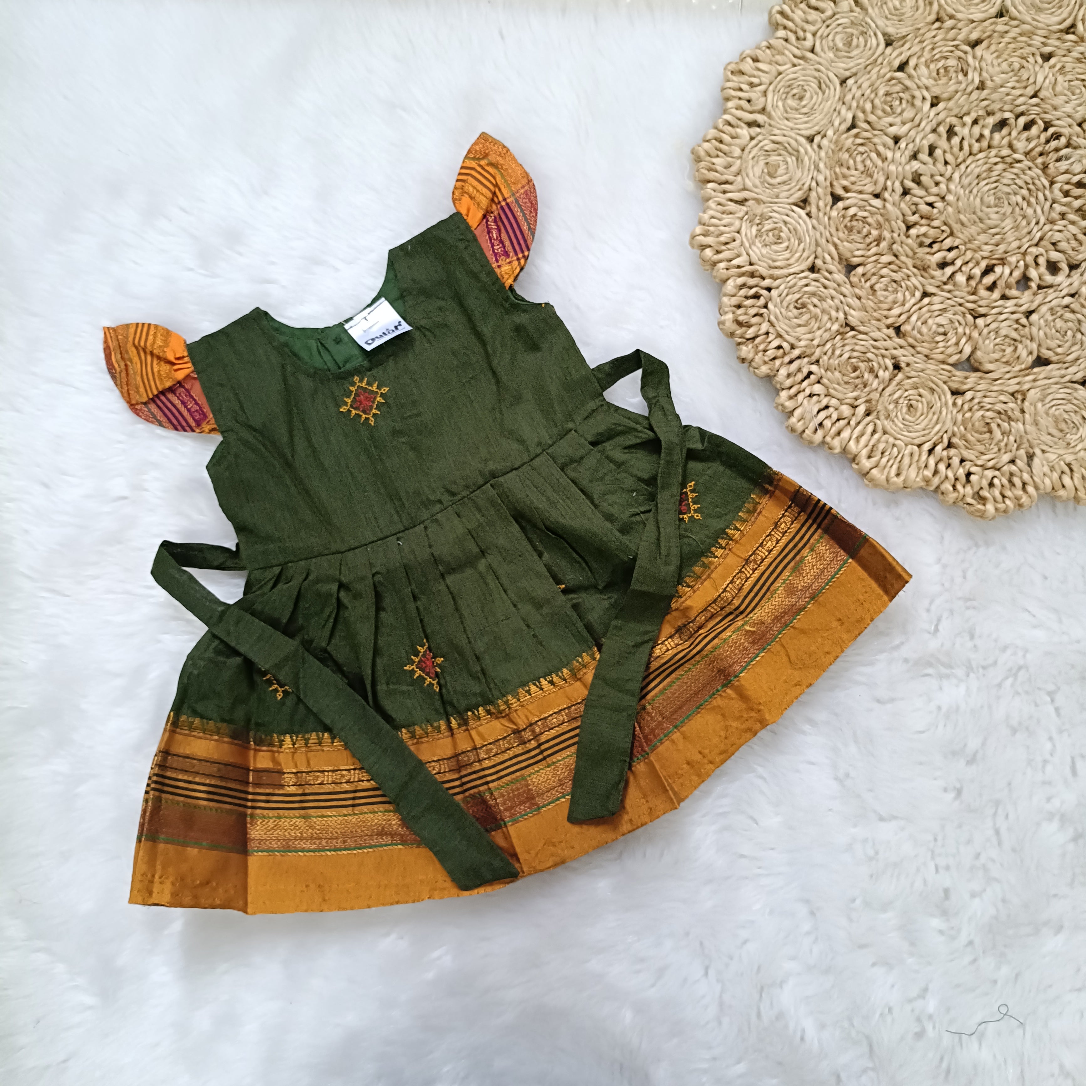 Ethnic dresses for baby girl | Kashida | Olive Green & Orange Zari & Kashida Base
