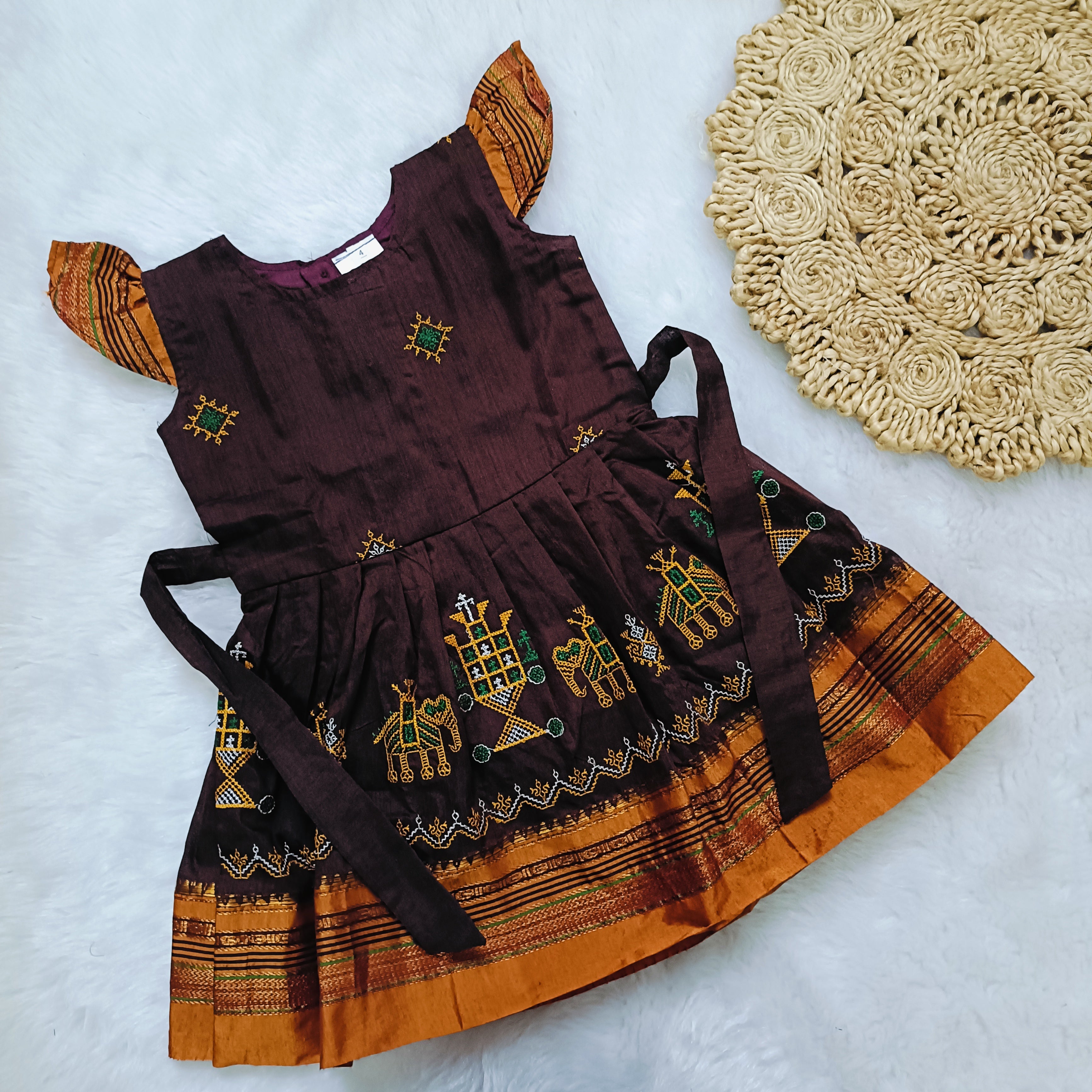 Ethnic dresses for baby girl | Kashida | Coffee Brown & Orange Zari & Assorted Base