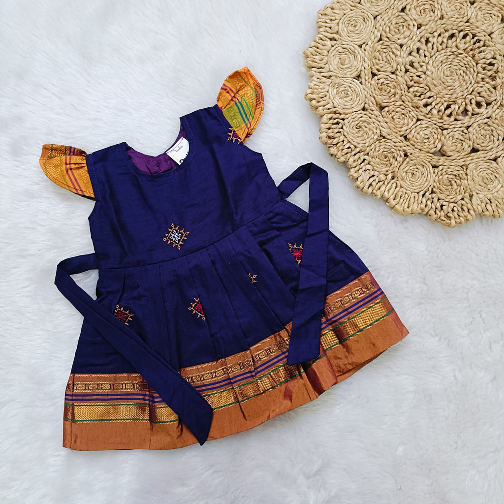 Ethnic dresses for baby girl | Kashida | Voilet & Orange Zari & Kashida Base