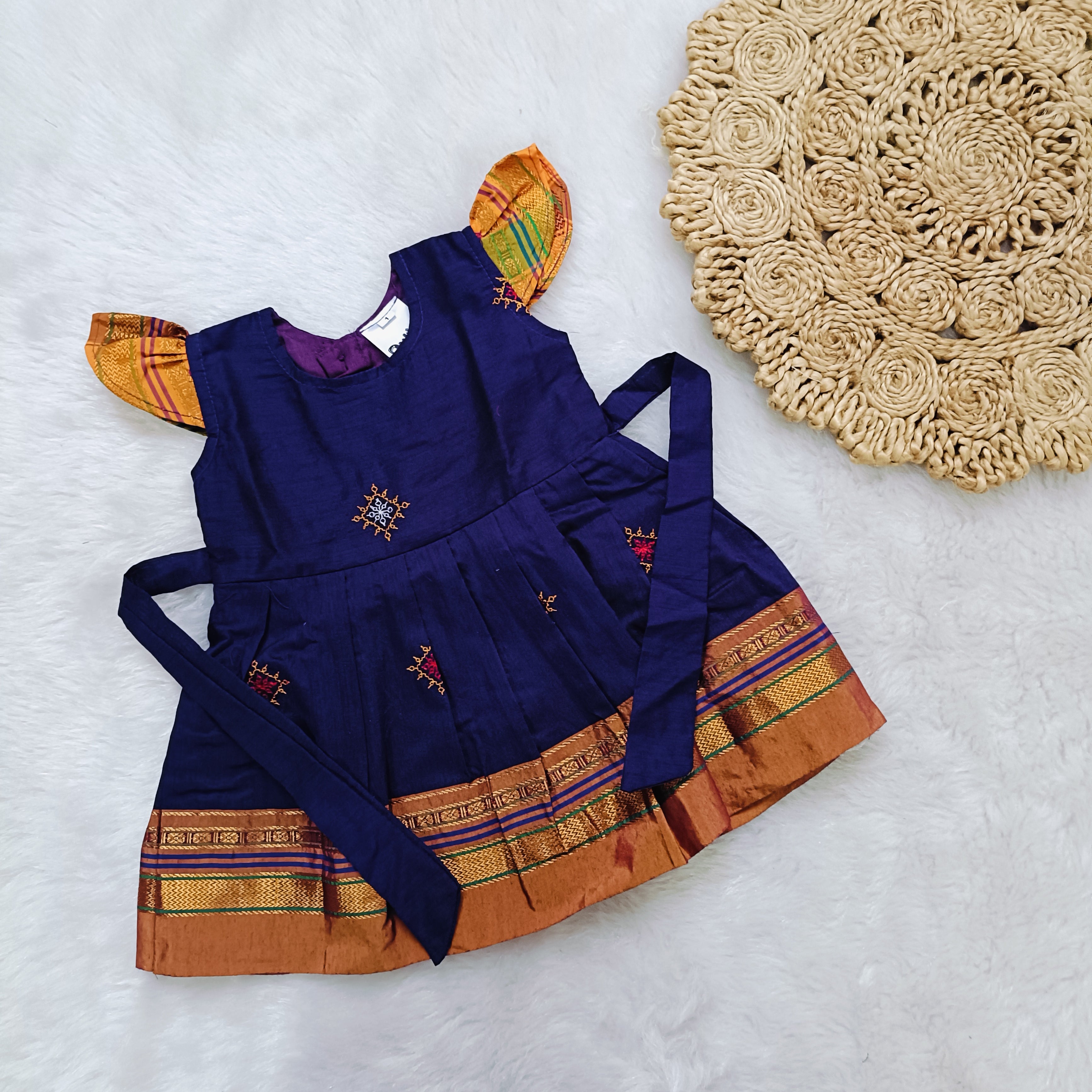 Ethnic dresses for baby girl | Kashida | Voilet & Orange Zari & Kashida Base